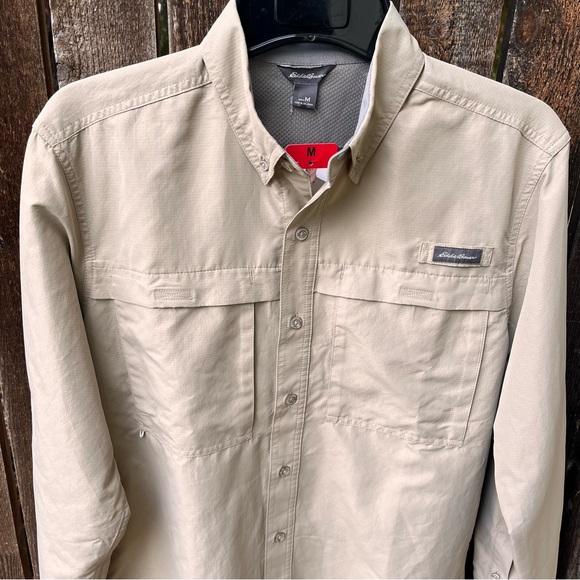 Eddie Bauer Men’s Guide Long Sleeve Rip Stop Button Down Shirt NWT In Beige Sz M - Picture 4 of 16